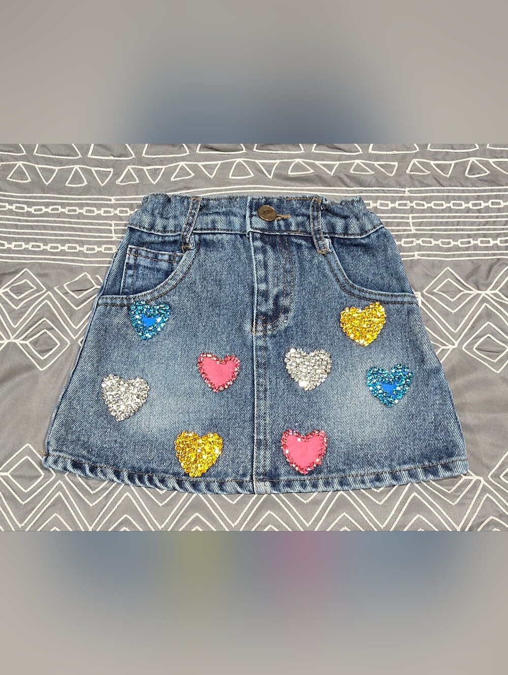 Lola + The Boys Denim Skirt with Multicolor Rhinestone Hearts Size Youth 4